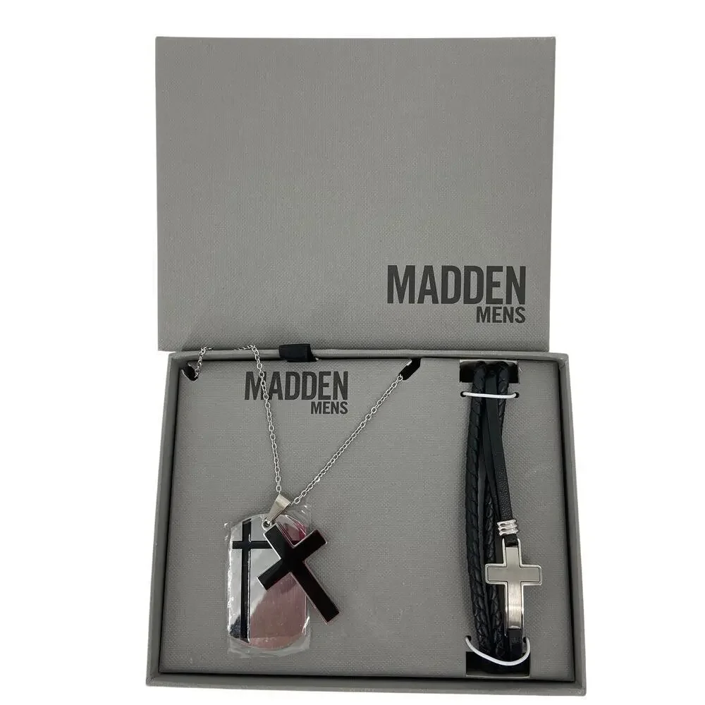 Steve Madden Jewelry Gift Set Men's Cross Necklace and Bracelet Silver Tone‎